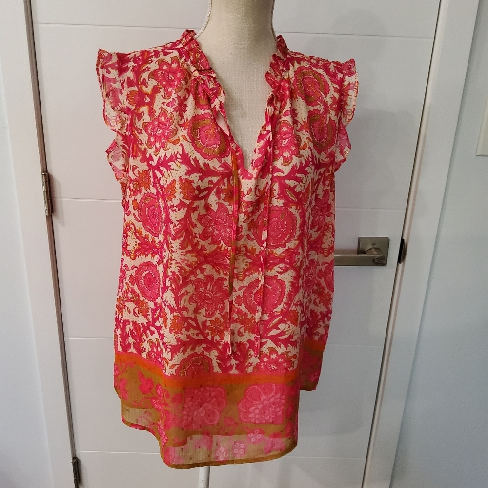 Joie Ruffle Sleeveless Floral Metallic Top Size L